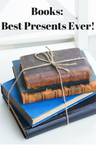 A stack of books tied together with twine and the words Books: Best Presents Ever!