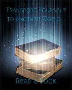 A book with blue glowing vertical lines in front of it and the caption Transport yourself to another world - read a book 